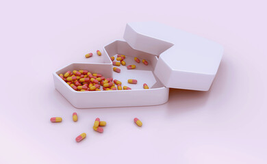 3D medicine box. Heart shaped with scattered capsules.