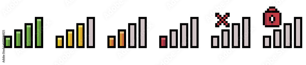 Poster Pixel art cell phone signal icon. signal indicator vector icon for 8bit game on white background
