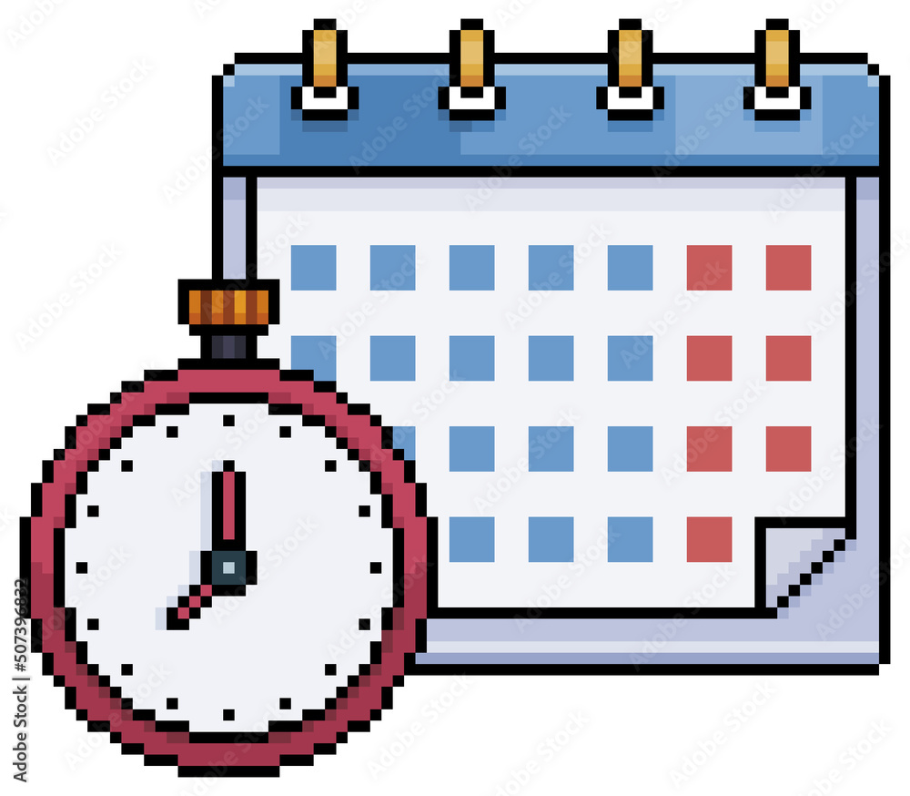 Poster pixel art calendar with stopwatch vector icon for 8bit game on white background