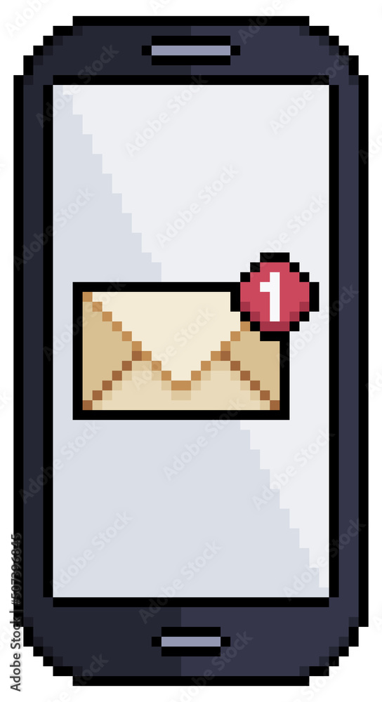 Aufkleber pixel art mobile phone with email notification vector icon for 8bit game on white background