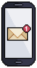 Pixel art mobile phone with email notification vector icon for 8bit game on white background
