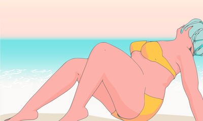 Fototapeta premium Beautiful plus size woman wearing underwear or swimsuit. Body positive concept. Attractive overweight girl relaxing on beach in summer. For Fat acceptance movement.