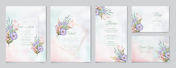 Fototapeta na wymiar Wedding invitation card template set with watercolor and floral decoration. Flowers illustration for save the date, greeting, poster, and cover design Abstract Background.