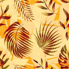 Fototapeta na wymiar abstract beige backgroud illustration with tropical foliage seamless pattern. Nature ornament for textile, fabric, wallpaper, surface design. nature background. Exotic tropics. Summer design