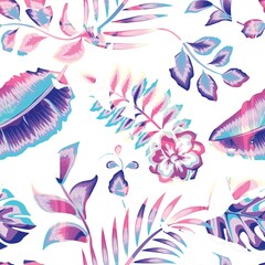 Abstract seamless tropical pattern with bright colorful leaves and plants on light background. Seamless exotic pattern with tropical plants elements. Exotic wallpaper. Trendy summer Hawaii print.