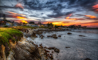 Pacific Grove California, town and shoreline at sunset