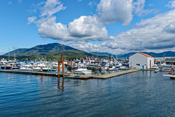 Boats docked in the marina at Rushbrook Harbor in Prince Rupert in British Columbia, Canada