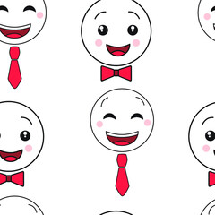Vector seamless pattern with fun smileys in a tie and 
a bow tie. Good for fabric, textile, wallpaper, for card 
design and more