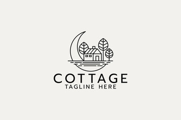 cottage logo with a combination of a cottage, moon, and trees in outline style.