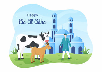 Obraz na płótnie Canvas Eid al Adha Background Cartoon Illustration for the Celebration of Muslim with Slaughtering an Animal as a Cow, Goat or Camel and share it