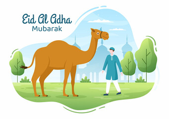 Eid al Adha Background Cartoon Illustration for the Celebration of Muslim with Slaughtering an Animal as a Cow, Goat or Camel and share it