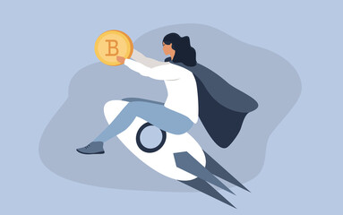 vector illustration in a flat style - a girl flies on a rocket, holding a bitcoin in her hands