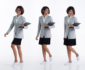 Full length 20s young Asian Woman teacher student lawyer wear blazer skirt, shoes, walking forward