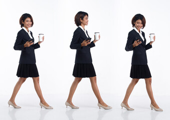 Fototapeta premium Full length 20s young Asian Business Woman accountant financial wear blazer skirt, walking forward
