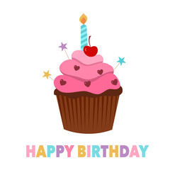 Happy birthday cupcake designed for card in flat design on white background.