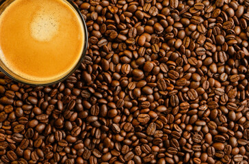 Cup Espresso On Roasted Coffee Beans Background. Copy Space.