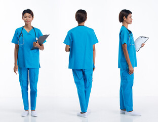 Full length 20s young Asian Nurse Woman wear stethoscope; blue uniform, 360 front side rear back