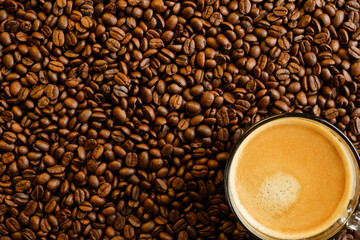Cup Espresso On Roasted Coffee Beans Background.