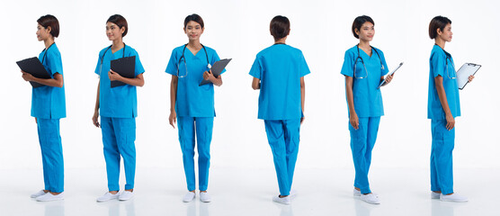 Full length 20s young Asian Nurse Woman wear stethoscope; blue uniform, 360 front side rear back