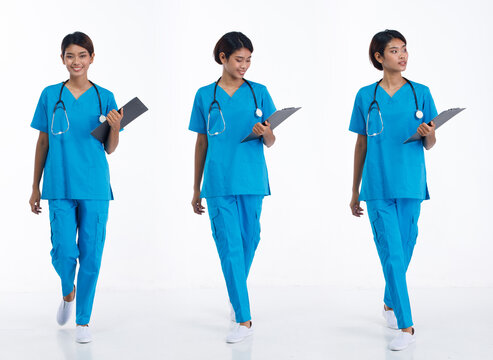 Full Length 20s Young Asian Nurse Woman Wear Stethoscope; Blue Uniform, Walking Forward Right Left