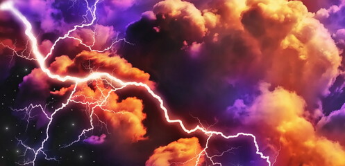 colorful dramatic sky with textured clouds, lightning, steaming cumulonimbus clouds reflect the golden light of the sun.