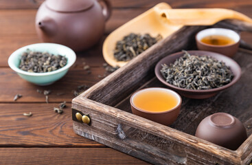 cup of tea and teapot on wooden table