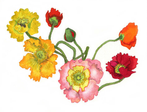 花の絵／ポピー。花の表情を華やかにかわいく素敵に表現した水彩画です。花好きな一人の作家による作品集です。