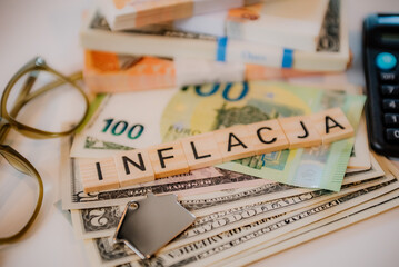 Napis inflacja na tle stosu banknotów