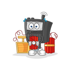 walkie talkie holding dynamite character. cartoon mascot vector