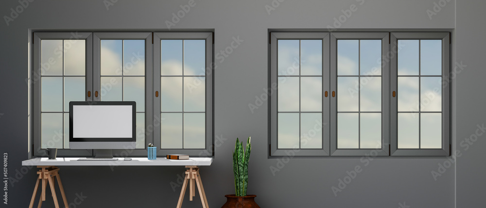 Poster blank screen desktop computer in a minimal office room with decorations and copy space, 3d rendering