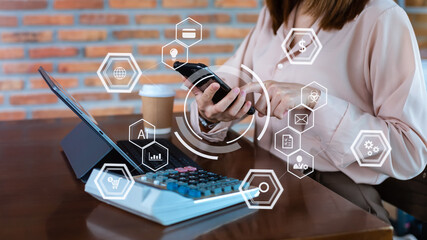 Digital marketing media social network, mobile app in virtual icon diagram. and business using on smartphone and tablet