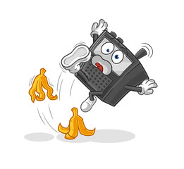 walkie talkie slipped on banana. cartoon mascot vector