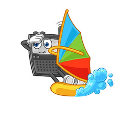 walkie talkie windsurfing character. mascot vector