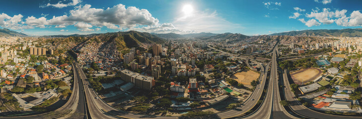 CARACAS, VENEZUELA - MAY 2022 - Aerial 360 view of the La Arana distributor, Panoramic View of...