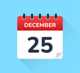 December 25 date on flat design vector calendar. Christmas day, annual festival at the end of the year.
