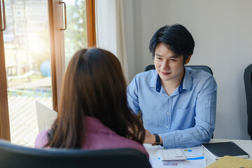 teamwork concept, consulting, portrait of male economist  holding budget papers finance and...