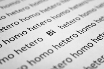 Sexual identity concept. Many printed words Hetero and Homo and one word Bi on white paper, close-up. Selective focus, macro photo, low angle view