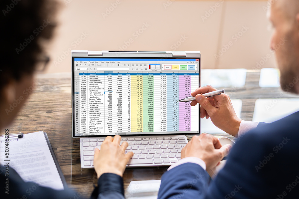 Poster analyst employee working on spreadsheet