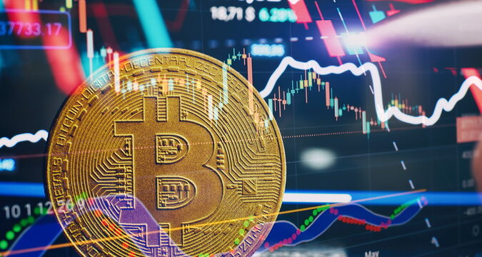 Bitcoins and New Virtual money. Bitcoin mining. Finance management concept. Money trading. Digital trade. Profit and loss graph. Crypto buy and sell.