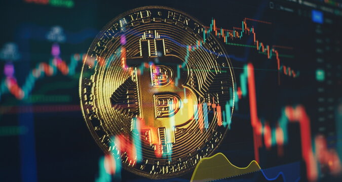 Virtual cryptocurrency concept. Bitcoin Cryptocurrency Coins. Stock Market Concept, digital money and stock business.