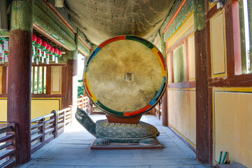 Large drum with traditional oriental design of Bulguksa Temple located in Gyeongju, South Korea