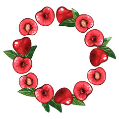 A wreath of cherries. Watercolor illustration. Isolated on a white background. For design.