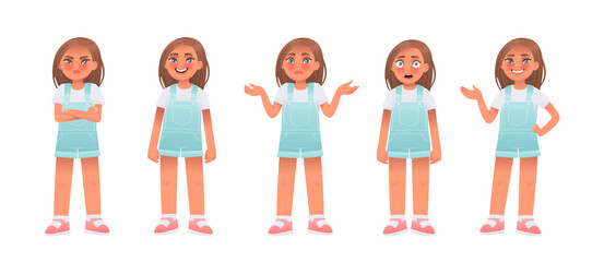 Little girl character set. The child is offended and upset, shrugs, happy, surprised, points. Vector illustration