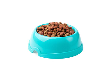 Animal food in a bowl is isolated on a white background.