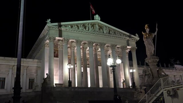 Municipality, the administration of Vienna. Hohes Haus. Night. Austria. 4K.