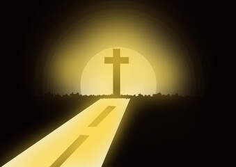 Blurred gradient background with full moon and Christian cross symbol. To the way of God