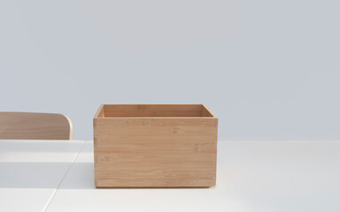 empty wooden box on table. Front view