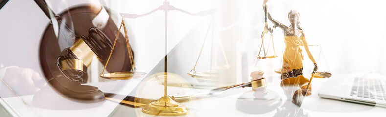 justice and law concept.Male judge in a courtroom on wooden table and Counselor or Male lawyer...