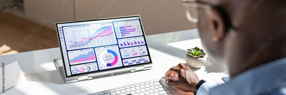 Poster African Businessman Using Analytics Data KPI Dashboard