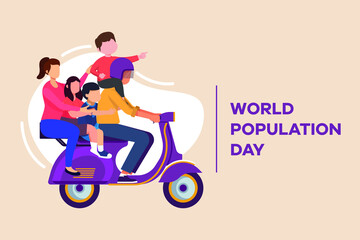 Fototapeta na wymiar Happy Family travel on scooter. World population day. Colored flat graphic vector illustration isolated.